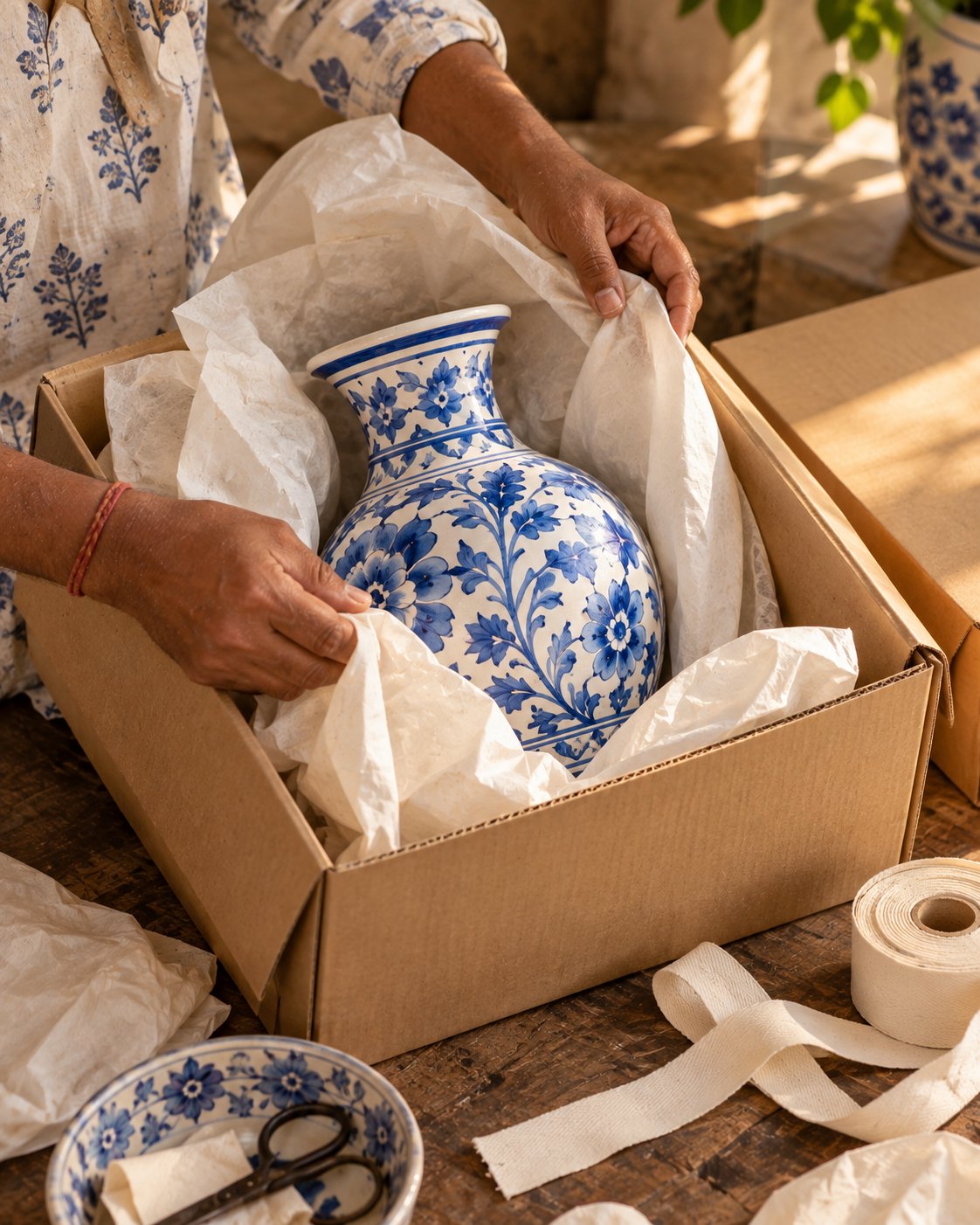 A blue pottery vase being wrapped in tissue and packed into a box